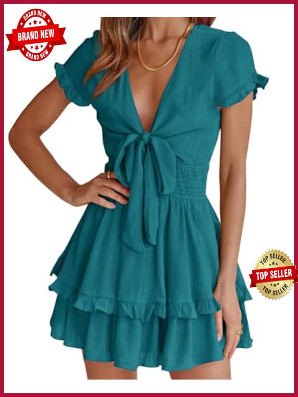 Women Boho Floral Mini Tiered Bow Dress V Neck Ruffle Sleeve Summer Casual
